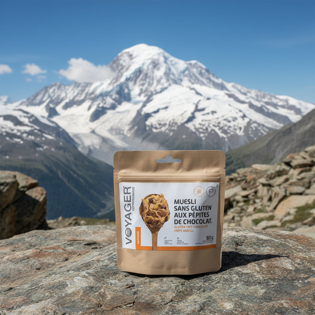 Muesli Gluten Free aux pépites de chocolat lyophilisées -80g-326kcal SANS GLUTEN VOYAGER