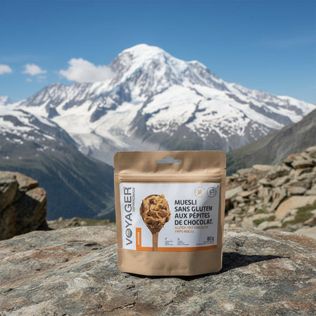 Muesli Gluten Free aux pépites de chocolat lyophilisées -80g-326kcal SANS GLUTEN VOYAGER